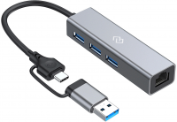 Разветвитель USB-C + USB-A Digma DHUB-LAN-4port 4порт. серебристый