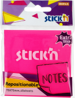 Блок самоклеящийся бумажный Stick`n 27096 76x76мм 45лист. пурпурный неон 1цв.в упак. усиленный клей