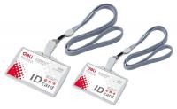 Бейдж для пропуска Deli E5744 103x78мм горизонтальный зажим вращающийся шнур:серый