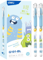 Ручка гелев. Deli EG101-BL прозрачный d=0.5мм син. черн. карт.уп. игловидный пиш. наконечник резин. манжета