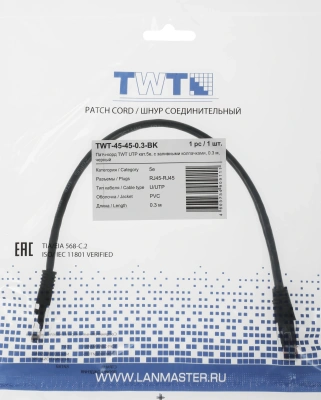 Патч-корд Lanmaster TWT-45-45-0.3-BK UTP RJ-45 вил.-вилка RJ-45 кат.5E 0.3м черный ПВХ (уп.:1шт)
