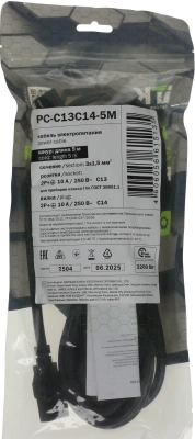 Шнур питания ITK PC-C13C14-5M C13-С14 проводник.:3x1.5мм2 5м 230В 10А (упак.:1шт) черный
