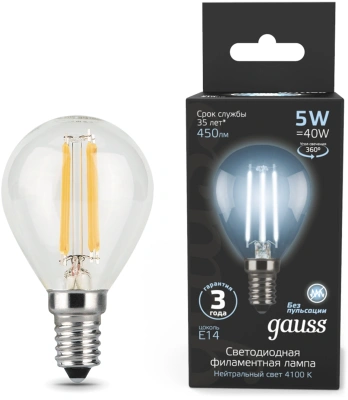 Лампа филам. Gauss Filament 5Вт цок.:E14 свеча 220B св.свеч.бел.нейт. (упак.:10шт) (105801205)