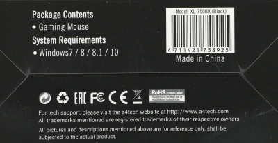 Мышь A4Tech XL-750BK черный лазерная 3600dpi USB 6but (XL-750BK USB)