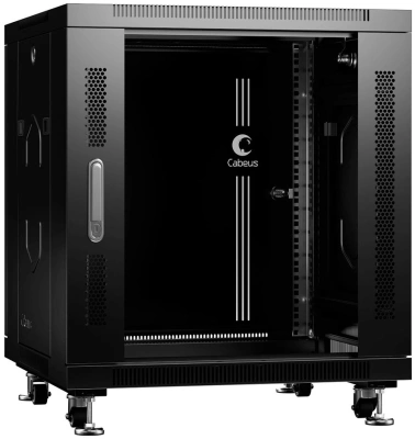 Шкаф коммутационный Cabeus (SH-05C-12U60/60-BK) напольный 12U 600x600мм пер.дв.стекл металл 800кг черный 500мм 730мм IP20 сталь