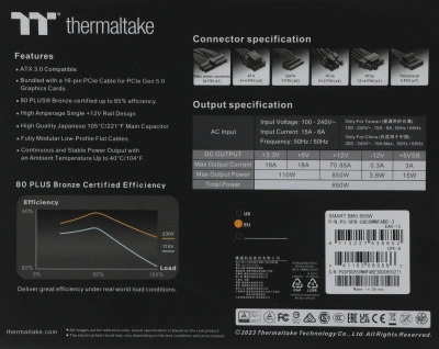 Блок питания Thermaltake ATX 850W Smart BM3 Gen.5 80+ bronze (20+4pin) APFC 120mm fan 6xSATA Cab Manag RTL