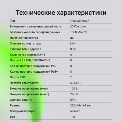 Коммутатор Digma DSP708G-2S-T135 (L2+) 8x1Гбит/с 2SFP 8PoE 8PoE+ 135W управляемый