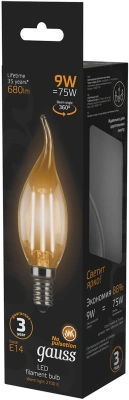 Лампа светодиодная Gauss Filament 9Вт цок.:E14 свеча 220B св.свеч.бел.теп. CF35 (упак.:10шт) (104801109)
