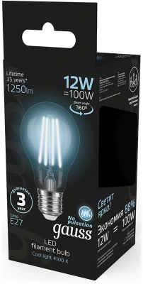 Лампа светодиодная Gauss Filament 102902212 12Вт цок.:E27 груша 185B св.свеч.бел.нейт. грушевидная (упак.:10шт)