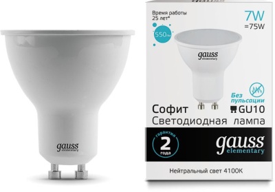 Лампа светодиодная Gauss Elementary MR16 7Вт цок.:GU10 спот 220B св.свеч.бел.нейт. MR16 (упак.:10шт) (13627)