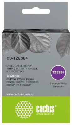 Картридж ленточный Cactus CS-TZESE4 TZe-SE4 черный на белом 18x8 для Brother PT-P700/P750W/P900W/P950W/D600VP/PT-2430PC/2700VP/PT-E550WVP без чипа