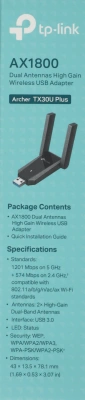 Сетевой адаптер Wi-Fi TP-Link Archer TX30U Plus AX1800 USB 3.0 (ант.внеш.несъем.) 2ант.
