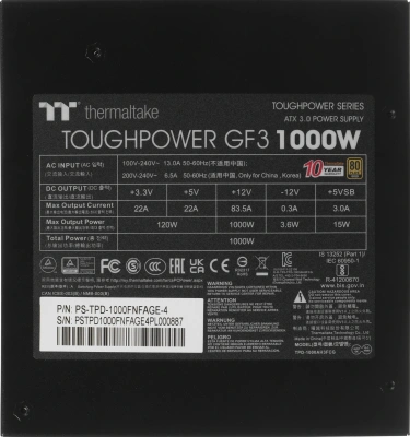 Блок питания Thermaltake ATX 1000W Toughpower GF3 Gen.5 80+ gold 24pin APFC 135mm fan 12xSATA Cab Manag RTL