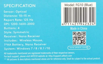 Мышь A4Tech Fstyler FG10 черный/синий оптическая 2000dpi беспров. USB 4but (FG10 BLUE)