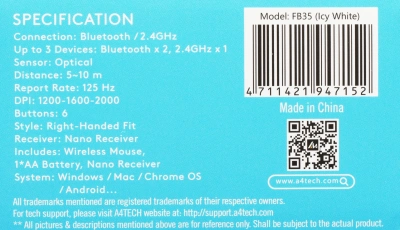 Мышь A4Tech Fstyler FB35 белый/серый оптическая 2000dpi беспров. BT/Radio USB для ноутбука 6but (FB35 ICY WHITE)