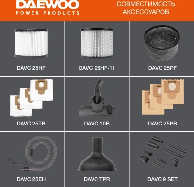 Строительный пылесос Daewoo DAVC 2014 1400Вт (уборка: сухая/влажная/выдув/сбор воды) оранжевый