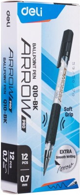 Набор ручек шариков. Deli Arrow (EQ10-BK-P) синий мет./черный черн. черн. кор.карт. (12шт) сменный стержень линия 0.7мм резин. манжета