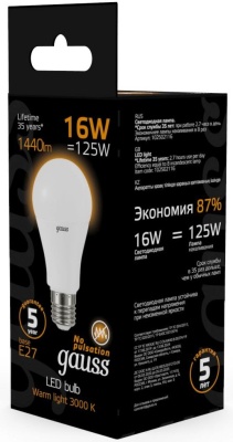 Лампа светодиодная Gauss 16Вт цок.:E27 шар 220B св.свеч.бел.теп. A60 (упак.:10шт) (102502116)