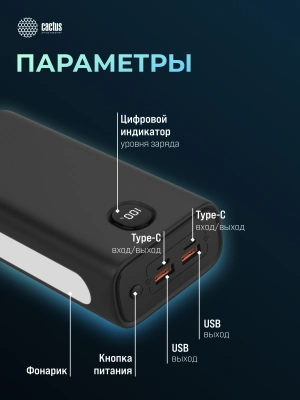 Мобильный аккумулятор Cactus CS-PBFSJA-30000 30000mAh 22.5W 4.5A 2xUSB-A/2xUSB-C черный