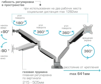 Кронштейн для мониторов ЖК Kromax OFFICE-22 серебристый 17"-35" макс.15кг настольный поворот и наклон