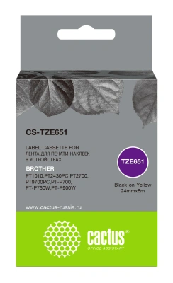 Картридж ленточный Cactus CS-TZE651 TZe-651 черный на желтом 24x8 для Brother 1010/1280/1280VP/2700VP
