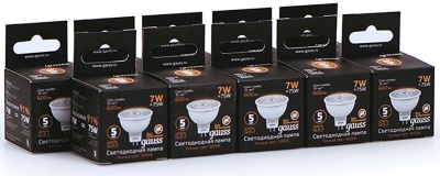 Лампа светодиодная Gauss Black 7Вт цок.:GU5.3 рефлек. 220B св.свеч.бел.теп. MR16 (упак.:10шт) (101505107)