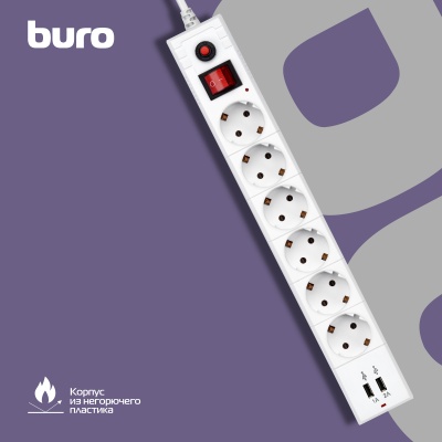 Сетевой фильтр Buro BU-SP3_USB_2A-B 3м (6 розеток) черный (коробка)
