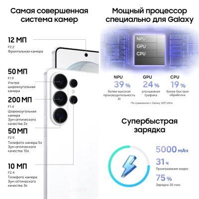 Смартфон Samsung SM-S948B Galaxy S26 Ultra 512Gb 12Gb белый моноблок 3G 4G 2Sim 6.9" 1440x3120 Android 16 200Mpix 802.11 a/b/g/n/ac/ax/be NFC GPS GSM900/1800 GSM1900 Protect