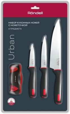 Набор ножей кухон. Rondell Urban RD-1011 компл.:4предм. с ножеточкой черный/красный блистер