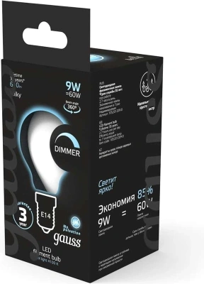 Лампа светодиодная Gauss Filament 105201209-D 9Вт цок.:E14 шар 220B св.свеч.бел.нейт. (упак.:1шт)