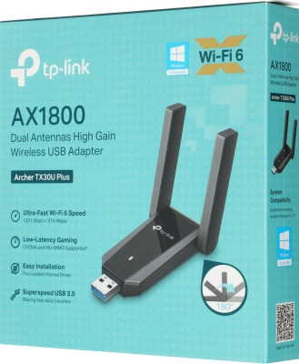 Сетевой адаптер Wi-Fi TP-Link Archer TX30U Plus AX1800 USB 3.0 (ант.внеш.несъем.) 2ант.