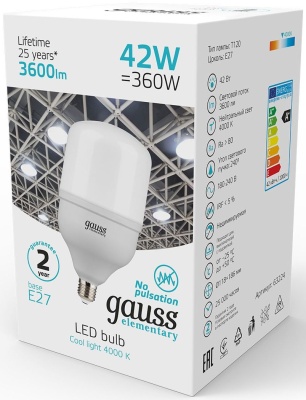 Лампа светодиодная Gauss Elementary T120 42Вт цок.:E27 цилин. 220B св.свеч.бел.нейт. (упак.:1шт) (63224)