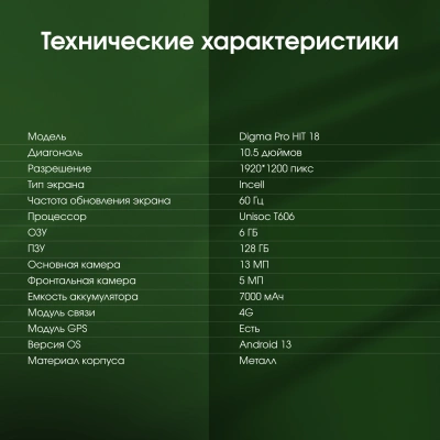 Планшет Digma Pro HIT 18 T606 (1.6) 8C RAM6Gb ROM128Gb 10.5" IPS 1920x1200 4G Android 13 фиолетовый 13Mpix 5Mpix BT WiFi microSD 512Gb 7000mAh 5hr 120hrs