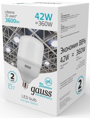 Лампа светодиодная Gauss Elementary T120 42Вт цок.:E27 цилин. 220B св.свеч.бел.нейт. (упак.:1шт) (63224)