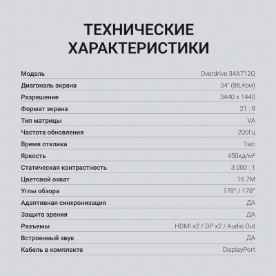 Монитор Digma 34" Overdrive 34A712Q черный VA LED 1ms 21:9 HDMI M/M матовая HAS Piv 450cd 178гр/178гр 3440x1440 200Hz DP UW 5.7кг