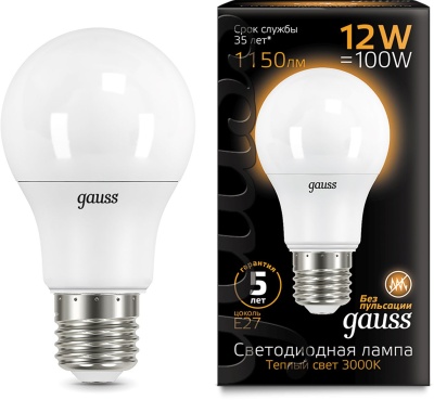 Лампа светодиодная Gauss A60 12Вт цок.:E27 шар 220B св.свеч.бел.теп. A60 (упак.:10шт) (102502112)