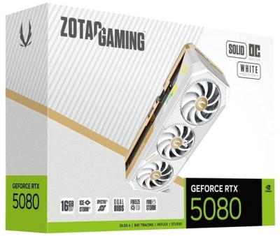 Видеокарта Zotac PCI-E 5.0 RTX 5080 SOLID OC WHITE ED NVIDIA GeForce RTX 5080 16Gb 256bit GDDR7 2640/30000 HDMIx1 DPx3 HDCP Ret