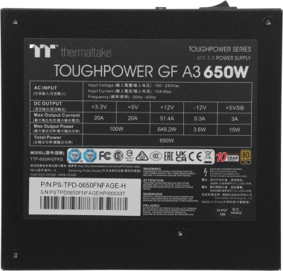 Блок питания Thermaltake ATX 650W Toughpower GF A3 Gen.5 80+ gold (20+4pin) APFC 120mm fan 8xSATA Cab Manag RTL