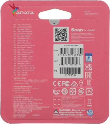 Флеш Диск A-Data 32Gb UV250 AUV250-32G-RBK USB2.0 серебристый
