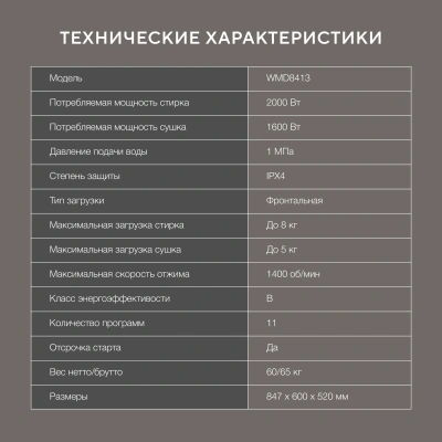 Стиральная машина Hyundai WMD8413 класс: B загр.фронтальная макс.:8кг (с сушкой) белый инвертор