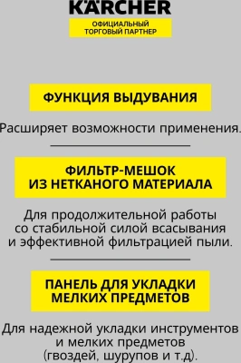 Строительный пылесос Karcher WD 4 P S V-20/5/22 1000Вт (уборка: сухая/влажная/выдув/сбор воды) желтый