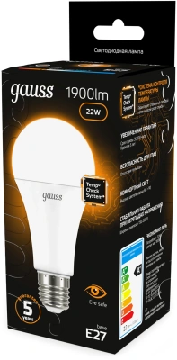 Лампа светодиодная Gauss A70 22Вт цок.:E27 груша 220B св.свеч.бел.теп. (упак.:10шт) (102502122)