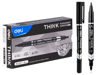 Маркер перманентный Deli EU211-BK Think двойной пиш. наконечник 0.5-1мм черный