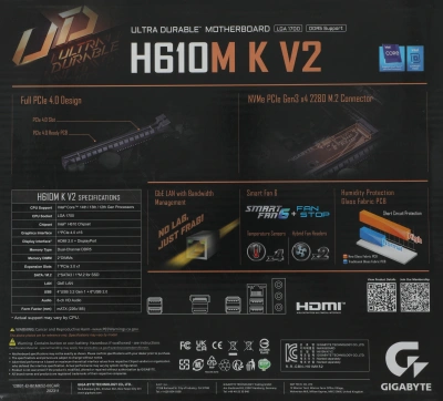 Материнская плата Gigabyte H610M K V2 Soc-1700 Intel H610 2xDDR5 mATX AC`97 8ch(7.1) GbLAN+HDMI+DP