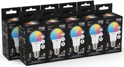 Лампа светодиодная Gauss 102102410 10Вт цок.:E27 груша 220B св.свеч.RGB A60 (упак.:1шт)