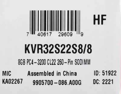 Память DDR4 8Gb 3200MHz Kingston KVR32S22S8/8 VALUERAM RTL PC4-25600 CL22 SO-DIMM 260-pin 1.2В single rank Ret