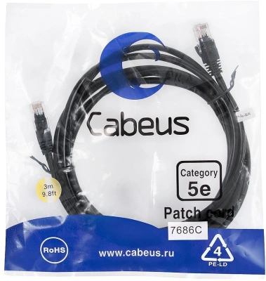 Патч-корд Cabeus PC-UTP-RJ45-CAT.5E-3M-BK U/UTP RJ-45 вил.-вилка RJ-45 кат.5E 3м черный ПВХ