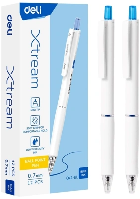 Ручка шариков. автоматическая Deli Xtream EQ42-BL белый/синий d=0.7мм син. черн. 1стерж. игловидный пиш. наконечник кругл. резин. манжета синий