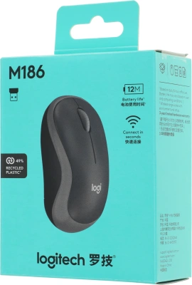 Мышь Logitech M186 черный/серый оптическая 1000dpi беспров. USB для ноутбука 2but (910-004131)