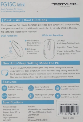 Мышь A4Tech Fstyler FG15C Air2 черный оптическая 1200dpi беспров. USB для ноутбука 3but (FG15C AIR2 BLACK)